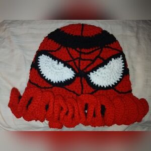 NWT Handcrafted Red, Black & White Spiderman Crochet Ruffle Hat.